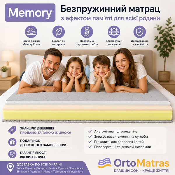 Беспружинный матрас Melange Memory от фабрики EMM &mdash; популярный выбор в Украине. В интернете легко найти отличные отзывы на эту модель благодаря слою анатомической пены Memory Foam. Она дарит идеальное расслабление и комфорт. Основой служит ортопедическая пена Flexy Foam. Купить матрас Меланж Мемори со скидкой можно во многих магазинах. Актуальная цена стартует от 6129 грн. Официальная гарантия производителя составляет 18 месяцев. Быстрая доставка заказов со склада осуществляется в такие города как Киев, Харьков, Одесса, Днепр и Львов. Изделие поставляется в удобном вакуумном рулоне.