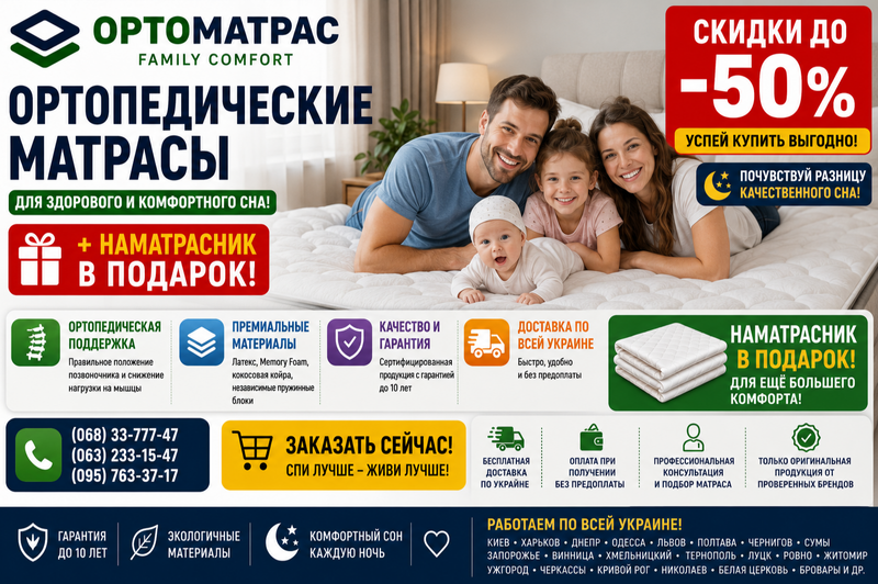 Ортопедичні матраци купити на ліжко недорого в Україні &harr; це правильний вибір для комфортного та здорового сну щодня. Сучасні ортопедичні матраци забезпечують правильну підтримку хребта, допомагають зменшити навантаження на спину та створюють ідеальні умови для відпочинку. У каталозі представлені моделі різної жорсткості та розмірів за вигідними цінами. Доступна доставка по Україні: Київ, Харків, Дніпро, Львів, Одеса, Луцьк, Тернопіль, Вінниця та інші міста.