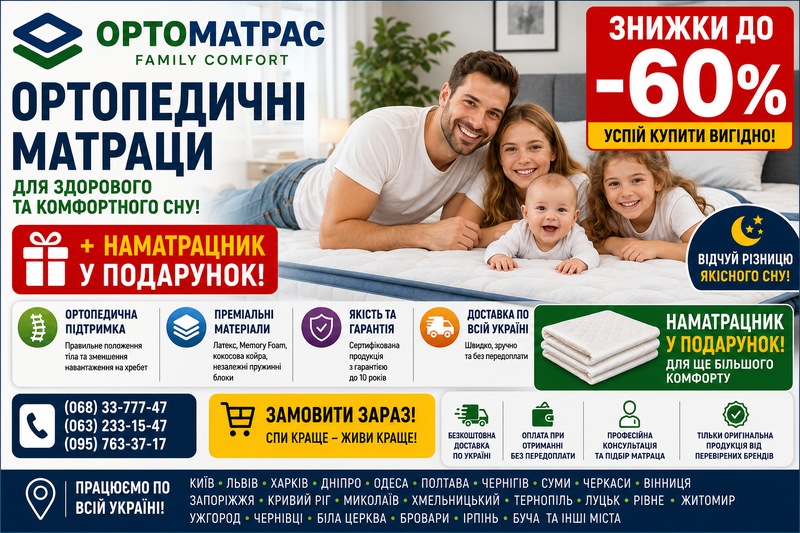 Правильний вибір розміру ортопедичного матраца &mdash; запорука здорового сну та довговічності вашого ліжка. У нашому асортименті представлені всі стандартні габарити: односпальні моделі 80х190 та 90х200 см для дітей і підлітків, універсальні полуторні варіанти 120х200 та 140х200 см, а також популярні двоспальні матраци 160х200, 180х200 та King Size 200х200 см для сімейних пар. Ми пропонуємо вироби високої якості за доступними цінами з офіційною гарантією від виробника. Ви можете порівняти товщину та прочитати реальні відгуки покупців. Замовляйте ортопедичні матраци точних розмірів з оперативною доставкою в Київ, Харків, Одесу, Дніпро, Львів та по всій Україні для щоденного затишку й відновлення сил.