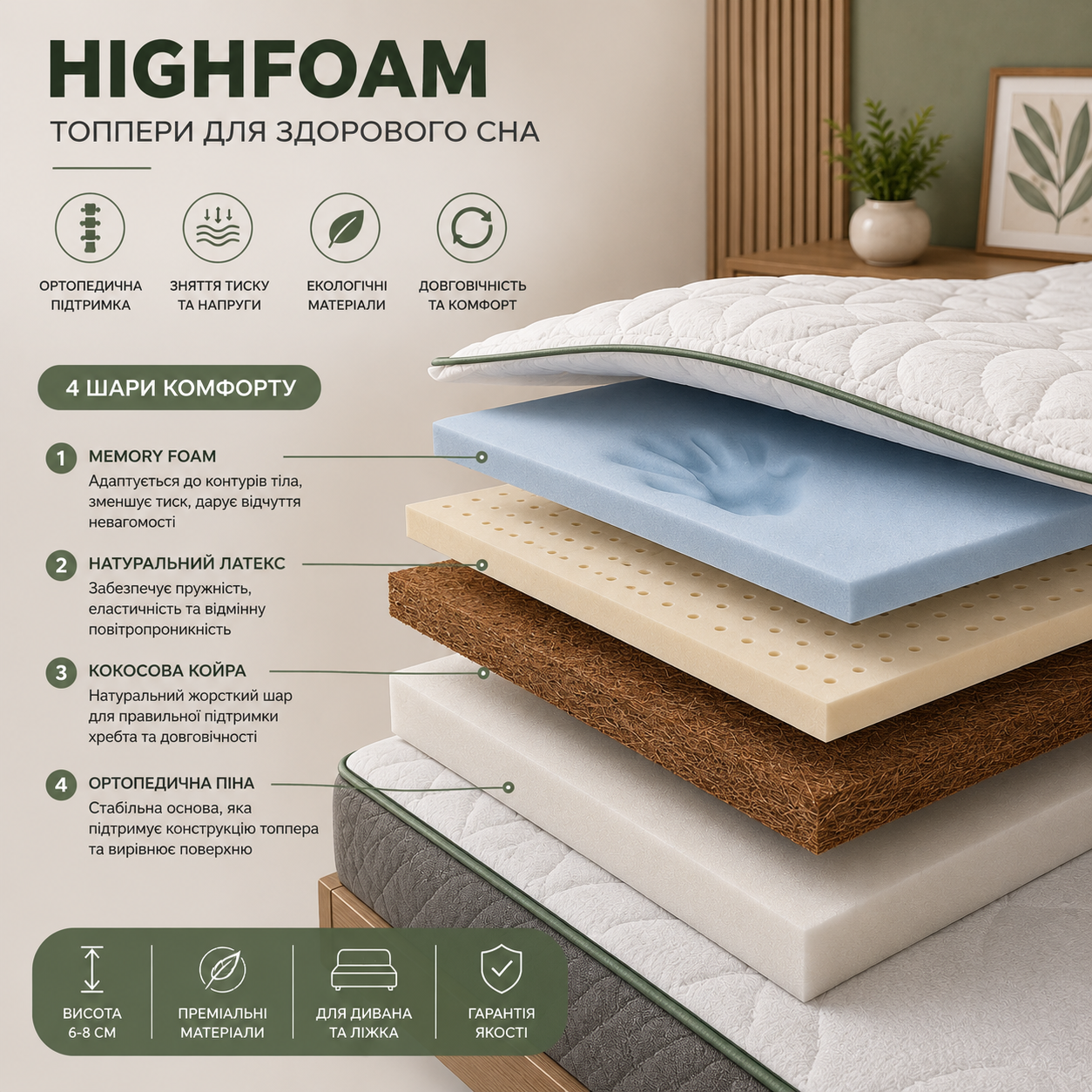HighFoam топпери &mdash; сучасне рішення для комфортного та здорового сну. Вони допомагають вирівняти поверхню дивана або старого матраца, забезпечують ортопедичну підтримку та покращують якість відпочинку. Завдяки якісним наповнювачам топпери добре тримають форму, зменшують навантаження на спину й створюють комфорт у будь-яку пору року. Моделі HighFoam відрізняються практичністю, довговічністю та зручністю у використанні. Купити топпер можна для дому, дачі чи гостьової кімнати за вигідною ціною з доставкою по Україні.